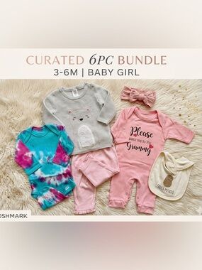 🎀 Curated 6pc Baby Girl Bundle - 3 full outfits (4 pcs) a pink headband & Bib
